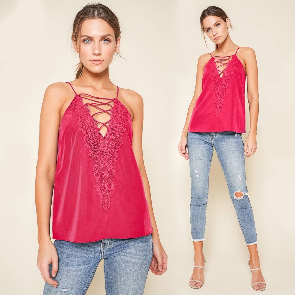 3 PACK: Lace up spaghetti strap summer cami w/ lace trim detail Women's camisole